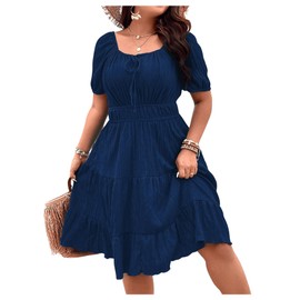 Floerns Women's Plus Size Tie Front Square Neck Puff Sleeve Ruffle Hem Midi Dress Deep Blue 2XL
