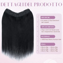 Clip Extensions In 100% Remy Human Hair for Women Jet Black Straight Thick V-Shape One Piece with 5 Clips 35 cm 85 g