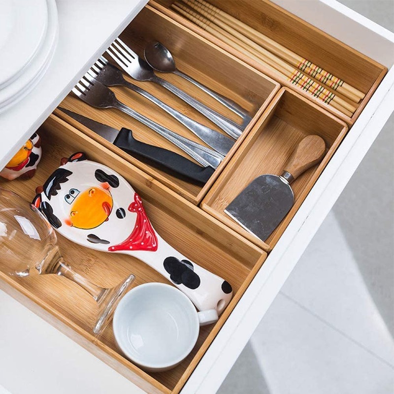 PRATIQUE Bamboo Drawer Organizer - Kitchen Utensil Organizer Silverware Tray