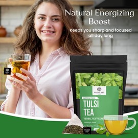 Blendart, Tulsi Holy Basil Tea Bags (100 Count) Caffeine Free, Sugar Free, Non-GMO Premium Tulsi Basil Leaves- Tulsi Tea Bags | Pyramid Herbal Tea Bags Support Digestion & Boost Immunity