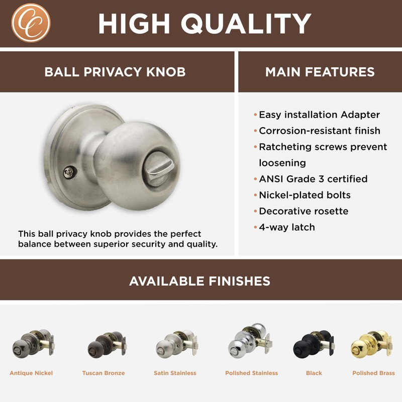 Copper Creek BK2030SS-6 Ball Door Knob, Privacy Function, 6 Pack,