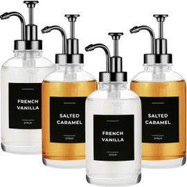 Spaceneat Coffee Syrup Dispenser for Coffee Bar - Coffee Syrup Pump Dispenser - Coffee Syrup Bottles for Coffee Bar Accessories with Coffee Syrup Labels - Glass Syrup Dispenser Bottle - Black, 4-Pack