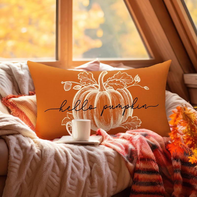 Fjfz Fall Hello Pumpkin Lumbar Decorative Throw Pillow Cover 12