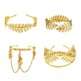 Alnicov 4pcs Greek Goddess Accessories Gold Leaf Crown Golden Leaf Bracelet Roman Laurel Bracelet Leaf Headband