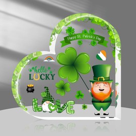 DIFFUNY St Patricks Day Gifts & St Patricks Day Decor for Table, Office Desk, Shelf, Mantle - Acrylic Heart Shamrocks Decorations for Home