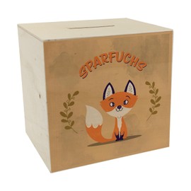 Wooden Money Box with Cute Fox Motif and Saying - Money Fox as a Cute Gift Idea for School for Children or for Parents Who Stand on Unusual Decoration