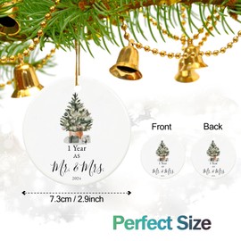 First Anniversary Ornament Gifts for Couple, First Wedding Anniversary for 1 Year as Mr and Mrs Gifts, Ceramic Keepsake 1 Year Anniversary Christmas Ornaments with Ribbon and Box