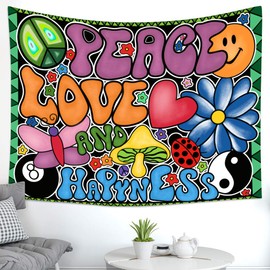 F-FUN SOUL Peace Love and Happiness Tapestry, 60X40Inches Soft Flannel, 70S Theme Party Tapestries Hippie Aesthetic Tapestry Wall Hanging for Bedroom Living Room Decor Gtzyfs915