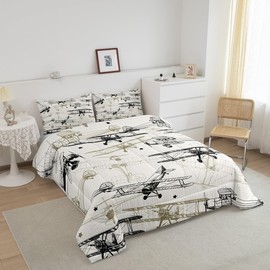 Boys Airplane Twin Size Comforter Set,Kids Aircraft Sketch Decor All Season Bedding Set,Teens Retro Style Comforter,Children Black and Brown Decor Quilt Set Bedroom Collection 2Pcs