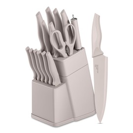 LIANYU Knife Block Set with Sharpener, 15PCS Kitchen Knife Set with Block, Razor Sharp Knives Set for Kitchen, High Carbon Stainless Steel Chef Knife Set, Anti- Rust Blade & Ergonomic Handle, Khaki