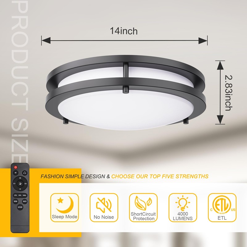 LED Ceiling Light Fixture with Remote 2 Pack 14 Inch