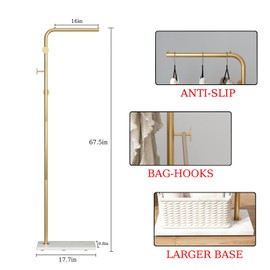 TIEOU Gold Coat Racks, Metal Coat Racks Freestanding with Crossbar and 3 Hooks, Modern Coat Hanger with Marble Base, L Shaped Coat Stand for Entryway, Bedroom, Living Room, Office