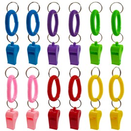 AFUNTA - Paquete de 12 silbatos con Pulsera, 6 Colores, Silbato Deportivo de plástico, Silbato elástico, muñeca para arbitraje, fútbol, Supervivencia y Emergencia