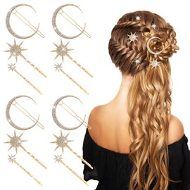 MBAIYO 12Pcs Moon Star Hair Clips, Crystal Celestial Hair Accessories Vintage Rhinestone Star Clips Bobby Pins for Women(Gold)