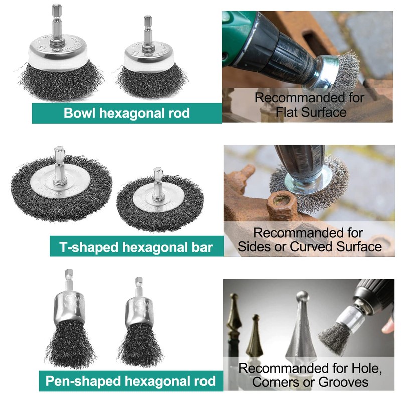 12-Piece Wire Brush Drill Set with Hexagonal Rod for Cordless