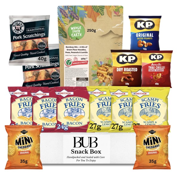 BUB: Pub Snack Box - Bar Snacks - Pork Scratchings, Whole Food Earth Bombay Mix, Smiths Bacon Fries, Scampi Fries, KP Peanuts in 3 flavours, Mini Cheddars - Pub Snacks Gift Box