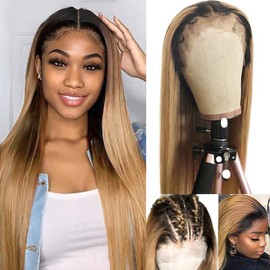 Ombre Honey Blonde Human Hair Wig 13x6 HD Transparent Lace Front 2 Tones with Dark Roots #1B27 Ombre Blonde Glueless Wigs 22 Inch 150% Density Pre Plucked with Baby Hair Lace Frontal Wigs for Women
