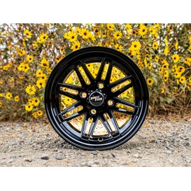 RockTrix RT103 12in Golf Cart Wheels 12x7 Rims, 4x4 4x101.6 Bolt Pattern, 3+4 Offset (-25mm) Compatible with Club Car EZGO Yamaha - Gloss Black, 1pc