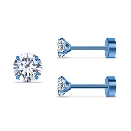 ZDE Titanium Women's Flat Earrings for Women Zirconia Stud Earrings Flat Back Earrings Hypoallergenic Cartilage Flatback Earring Tragus Helix Tragus Conch Piercing (Blue, 4 mm)