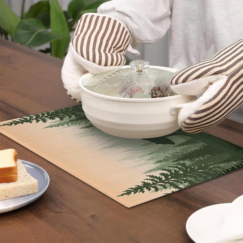 Bear Placemats Set of 6,Misty Fores Placemats Washable Kitchen Dining