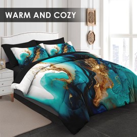 Pamnest Comforter Set Queen Size, Mint Green Marble Gold 7 Pcs Bedding for Kids and Adults, Teal Turquoise Blue Bed Sheet Sets with Fitted Sheet 2 Pillowcase & 2 Sham for Bedroom Bed Decor