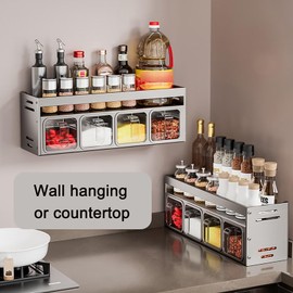 Edumov Spice Rack with Spice Jars, Spice Rack Standing & Wall, Spice Jars with Shelf, Spice Rack/Spice Holder, Spice Organiser for Kitchen, Worktop, Cabinet, Hanging Spice Rack, No Drilling Required