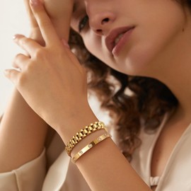 Women's Gold Bracelet, 2 Pieces, Titanium Steel Bracelet Set, 18 K Gold Stainless Steel Bracelet, Women's Jewellery, Silver Bangle, 17/18 cm Bangle for Ladies, Gift for Women, Friend, Stainless Steel