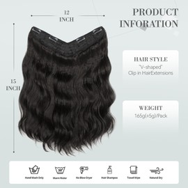 V-shaped Clip in Hair Extensions - Long Wavy Synthetic Hair Extension Clip in 4 Clips Thick Hairpieces Dark Brown Hair Extensions for Women (15Inch,6A#)