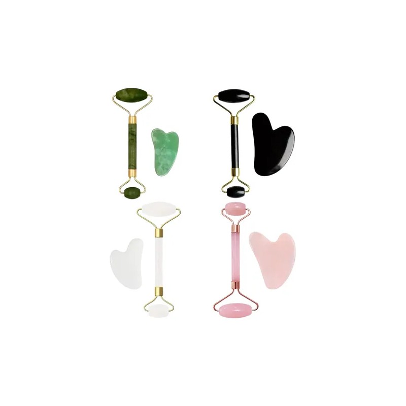 Set Rodillo Jade Y Piedra Gua Sha Jade Masajeadora Rostro