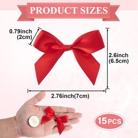 Mxxipp 15pcs Mini Gift Wrap Bows, Self-Adhesive Small Satin Ribbon Crafts Bow, Premade Tiny Bowknot for Christmas Wedding Birthday Party Decoration Flowers Cookies Gift Wrapping- Red