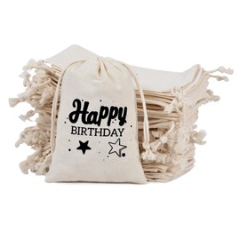 Happy Birthday 10 Premium Organic Muslin Drawstring Bags 4x6 - Wedding Party Favor Set for Bachelorette Hangover Kits & Holiday Gifting | Reusable Double-Layer Unbleached Cotton Pouches （Black）