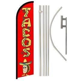 Tacos Windless Banner Advertising Flag & Pole Kit - Perfect for Restaurants, Food Trucks, Taco Stands