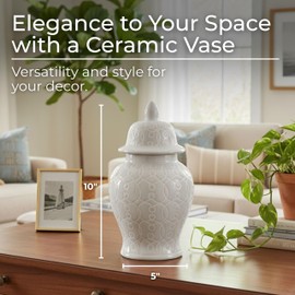 Decorative Ceramic Temple Jar with Lid for Living Room Decor - Modern Home Decor Accent for Bedroom, House, and Office Space - Stylish Flower Vase for Dining Table Centerpiece Decor - 11", White