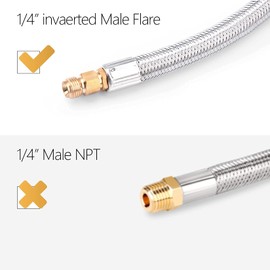 GasSaf 24 inch RV Propane Hose Stainless Steel Braid Connector with Type 1 Connection x 1/4 Inch Inverted Male Flare（2 PCS）