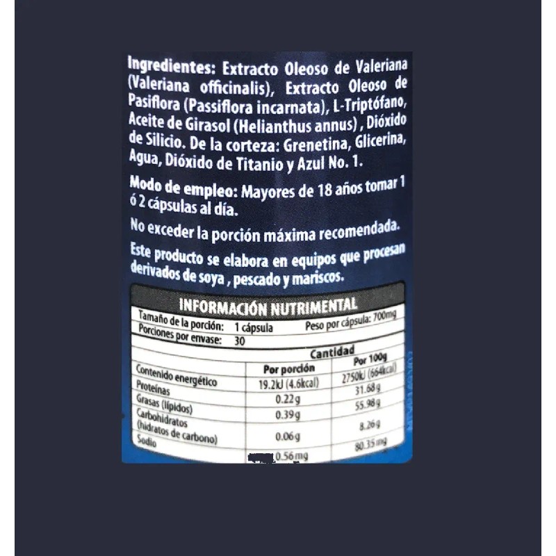 Triptófano, Valeriana Y Pasiflora Suplemento Alimenticio Nat Sabor Sin Sabor