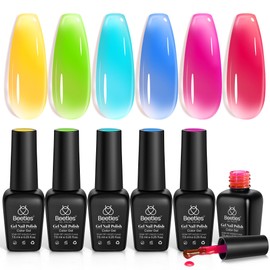 Beetles Neon Gel Nail Polish Set, 6 Colors Summer Jelly Gel Nail Polish Kit Sheer Transparent Effect Hot Pink Red Blue Yellow Green French Nail Art Tropical Glow Series Manicure Gift for Women
