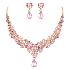 EVER FAITH Rhinestone Crystal Bridal Bridesmaid Jewelry Sets, Water Drop Elegant Flower Leaf Cluster Necklace Earrings Set for Women Pink Gold-Tone