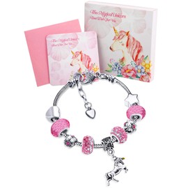 Zhanmai Unicorn Sparkly Crystal Charm Bracelet Bangle with Gift Box Set for Hers Lady(Light Pink,14 cm/ 5.5 Inches)