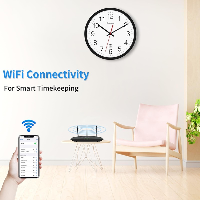 Couperos WiFi Wall Clock with Auto-DST, 12 Inch Silent Non-Ticking
