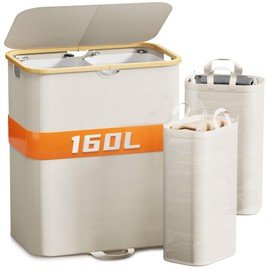 XLHOMO 160L Double Laundry Hamper with Lid, Dirty Clothes Hamper with 2 Removable Bags, Beige Laundry Hamper 2 section with Bamboo Handles Easy to Carry for Bedroom, Bathroom, Dorm, College