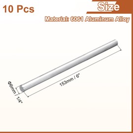 sourcing map 10Pcs 1/4"(6mm) Dia Round Aluminum Rod, 6"(153mm) Long 6061 Aluminum Round Rod Solid Lathe Bar Stock for Industry Construction DIY Crafts