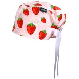 CALOMED Scrub Cap for Women and Men, Euro Style Scrub Caps, with Ribbon Ties & Buttons, Long or Short Hair (Strawberries on Pink)