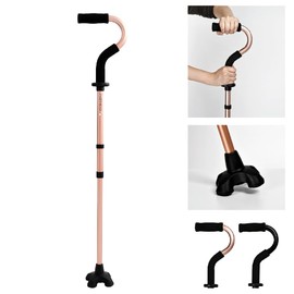 Famica Stand by Me Walking Cane for Elderly and Disabled, Adjustable with Soft Cushioned Handle, Portable Lightweight, Collapsible, Extra Standing Support Platform, Wide Footpad (Gold)