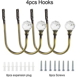 Coolnice 4 Pack Curtain Holdbacks Wall Mounted Curtain Tiebacks Hooks Glass Crystal U Shape Curtain Tiebacks with Screws Curtain Ties for Home Office-Antique Bronze