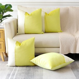 Sungeek Set of 4 Decorative Cushion Covers Soft Patchwork Velvet Pillow Covers with Gold Leather Square Throw Pillow Cases for Sofa Car Patio Bedroom Living Room 45x45cm (Lemon Yellow)