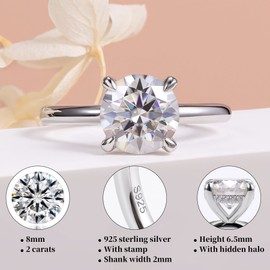 2 Carat Moissanite Rings for Women 925 Sterling Silver Round Solitaire Engagement Ring Lab Created Diamond Promise Anniversary Wedding Rings for Her Size 10