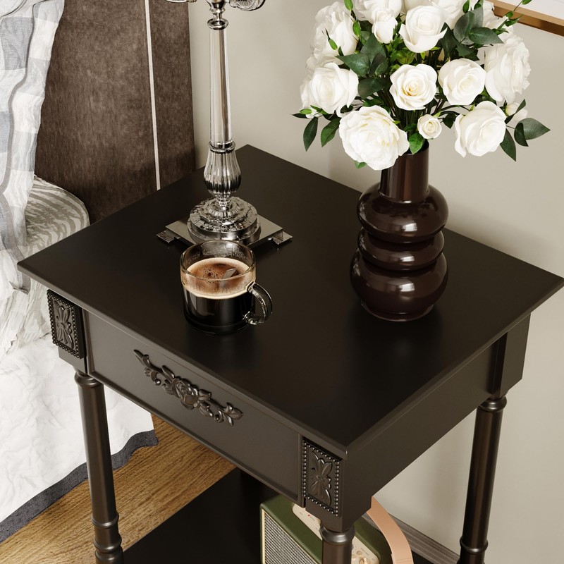 WOODTIME Vintage Nightstand with Storage Drawer and Open Shelf, Carved