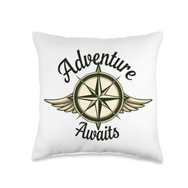 Adventure Awaits Compass Explore More Nature Hiking Camping Throw Pillow