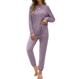 JUSTFASHIONNOW Sweat suits for Womens 2 piece Lounge Set Casual Ribbed Knit Outfits Long Sleeve Top and Drawstring Pants Matching Set Fall Outfits Pajamas Sets 2024 Purple XL