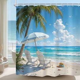 Riyidecor Blue Ocean Beach Theme Shower Curtain 72Wx72H Inch Summer Hawaiian Beachy Tropical Coastal Sea Wave Coconut Tree Seaside Cloud Bathroom Decor Fabric Polyester Waterproof 12 Pack Hooks